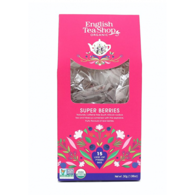 English Tea Shop Super ovocný čaj balený v 15 biologicky rozložitelných pyramidkách.