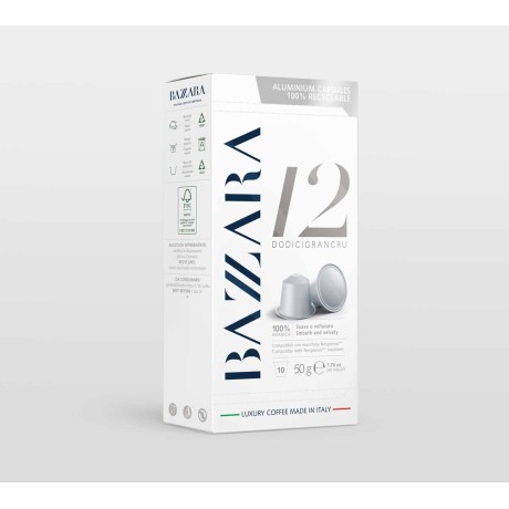 Bazzara Dodicigrancru kávové kapsle do kávovaru Nespresso. Kávové kapsle jsou v hliníkové pouzdře.