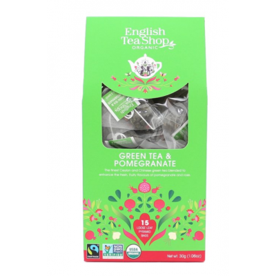 English Tea shop zelený čaj s granátovým jablkem. Balení 15 pyramidek v biologicky odbouratelných sáčcích.
