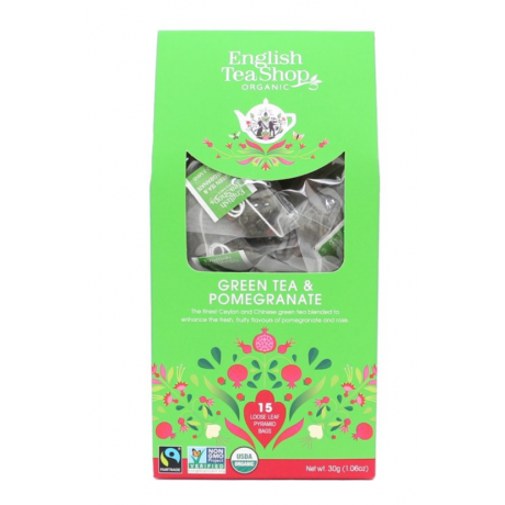 English Tea shop zelený čaj s granátovým jablkem. Balení 15 pyramidek v biologicky odbouratelných sáčcích.