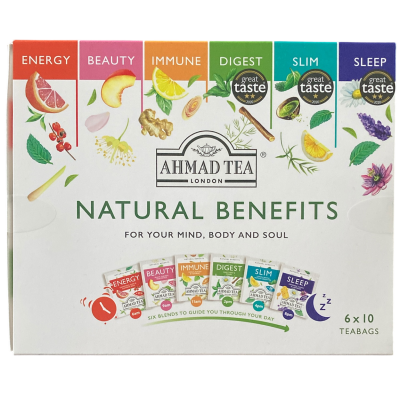 Ahmad Tea Natural Benefits 60 sáčků dárková kolekce čajů pro přírodní blahodárné účinky.